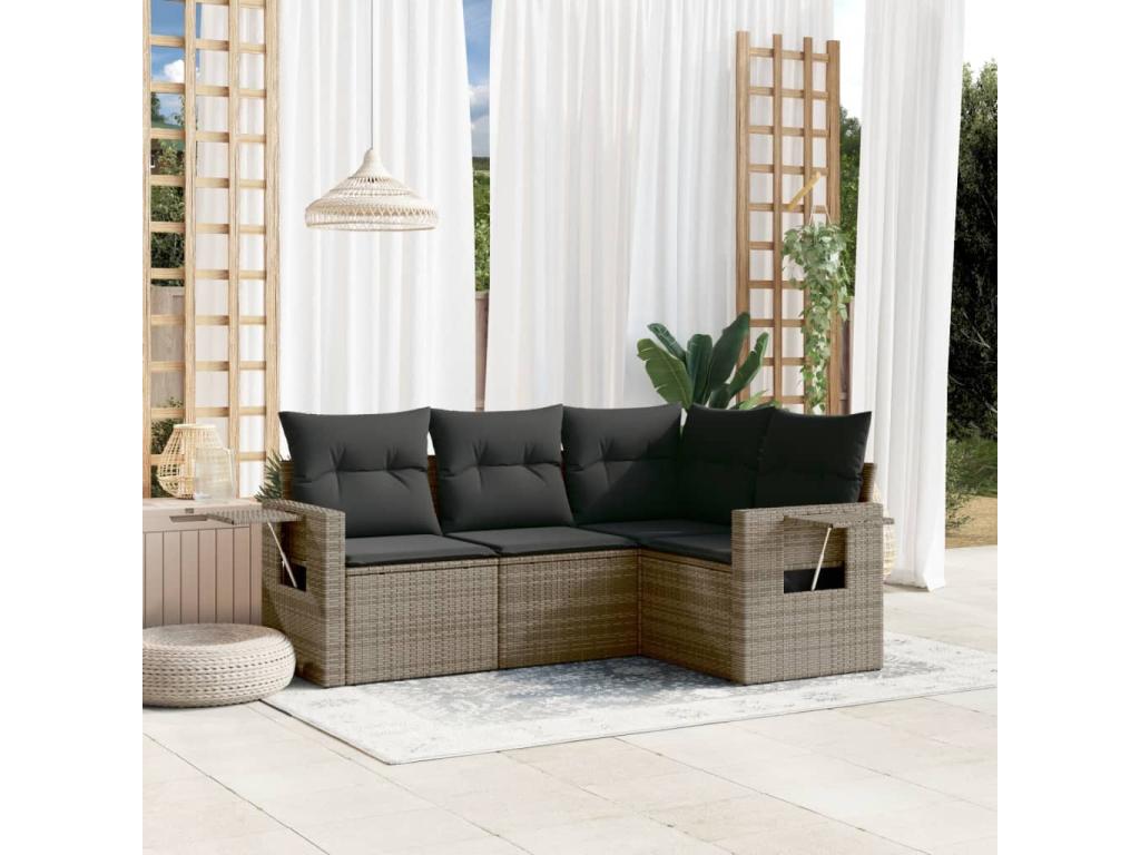 4-piece garden furniture set with grey resin wicker cushions
