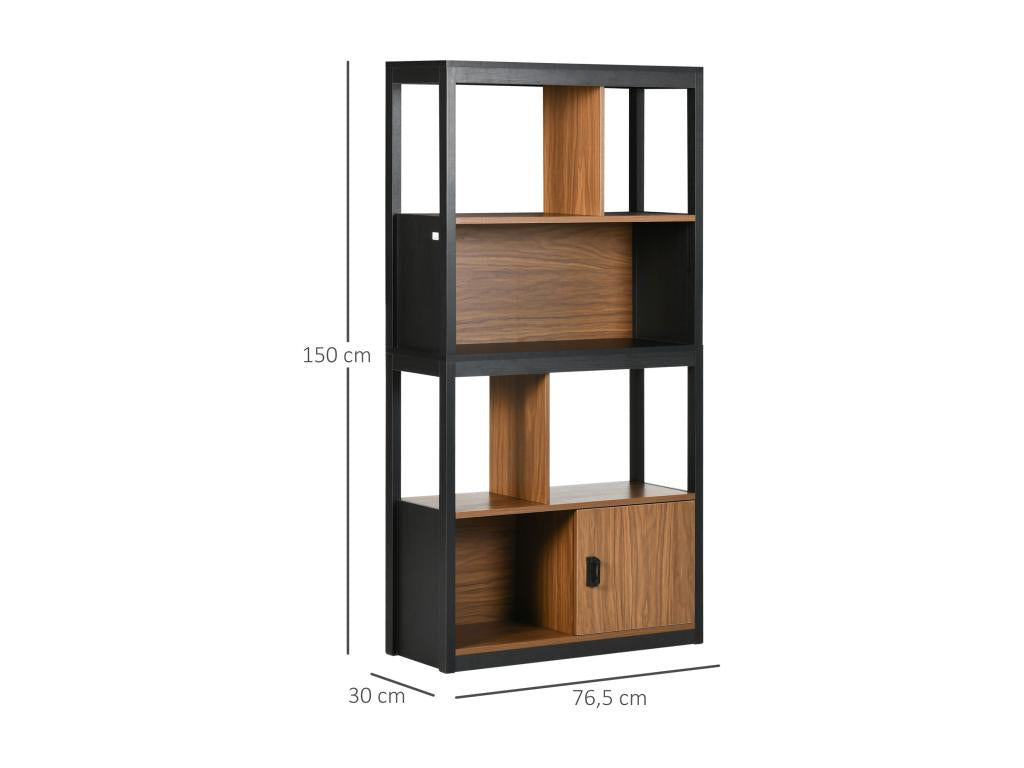 Industrial style bookcase with 2 shelves, 2 niches, and 1 door, made of MDF particleboard with a black wood grain finish.