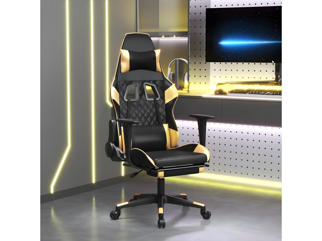 Massage gaming chair with footrest, black/gold faux leather
