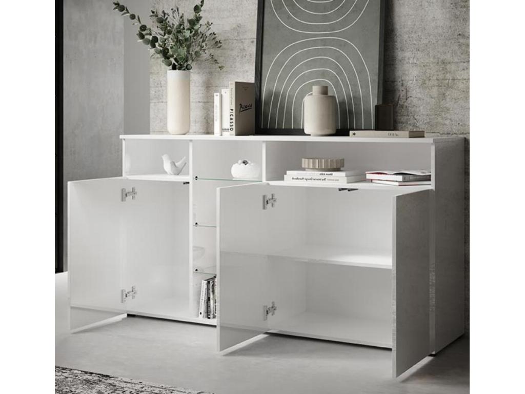 Low sideboard for living room/dining room in white with LED lighting, 150x40x82cm, Homelumiere A1