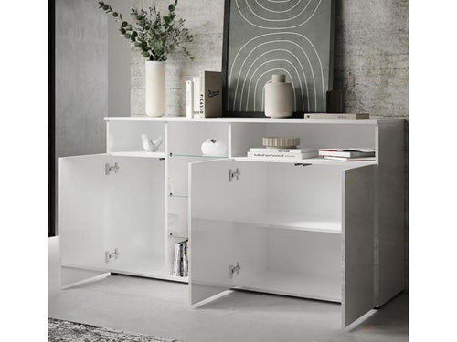 Low sideboard for living room/dining room in white with LED lighting, 150x40x82cm, Homelumiere A1