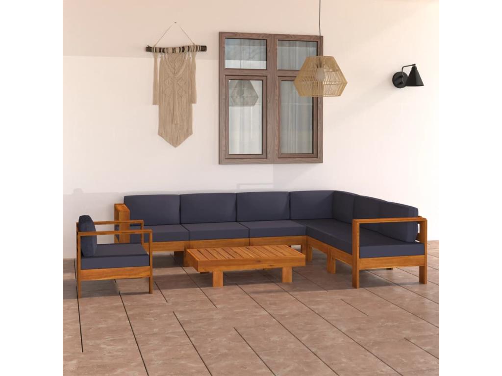8-piece garden furniture set with dark grey cushions, made of wood, by Homelumiere