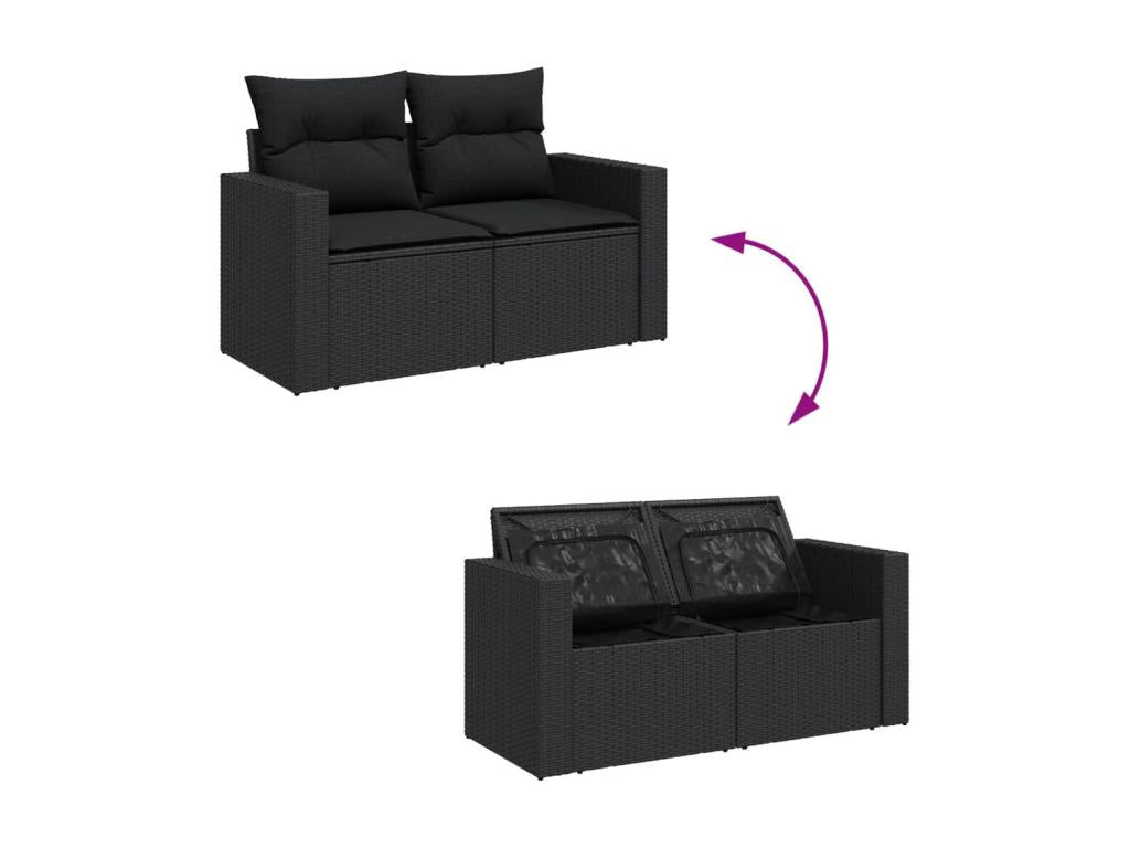 8-piece garden furniture set with cushions, black woven resin