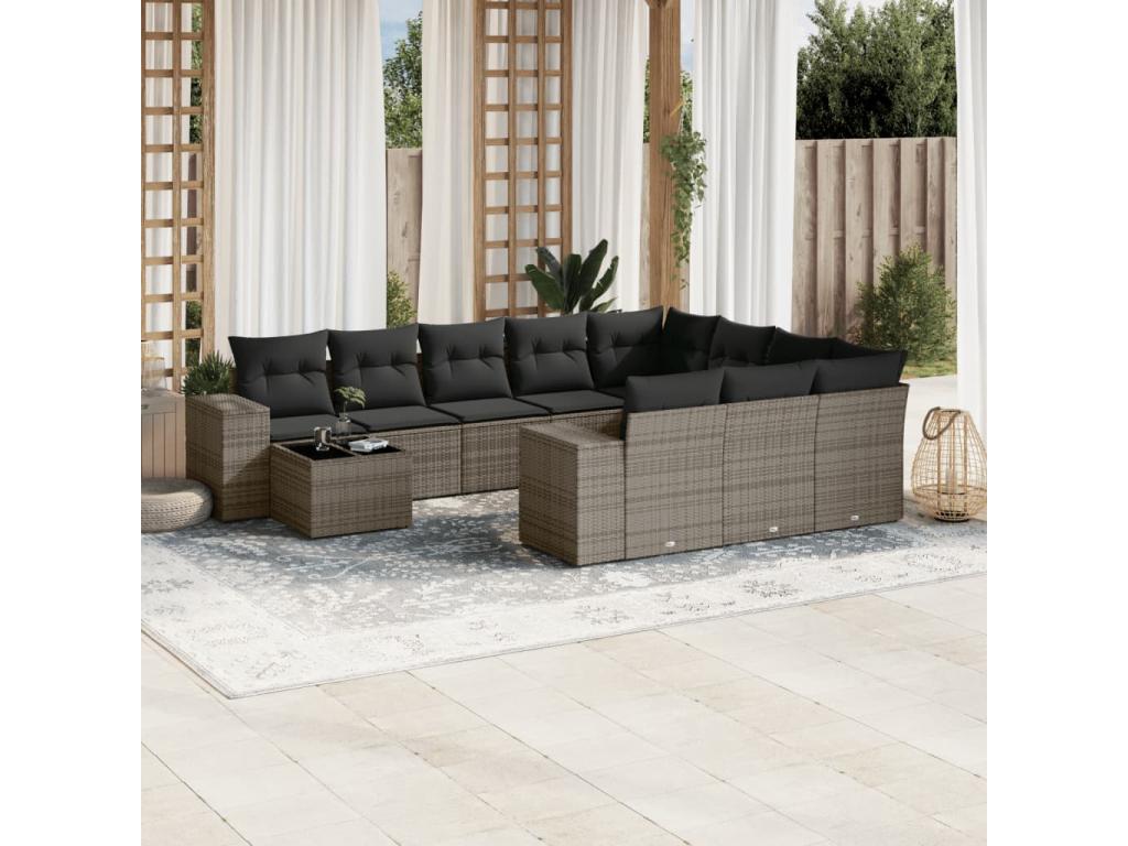 11-piece garden furniture set with grey resin wicker cushions