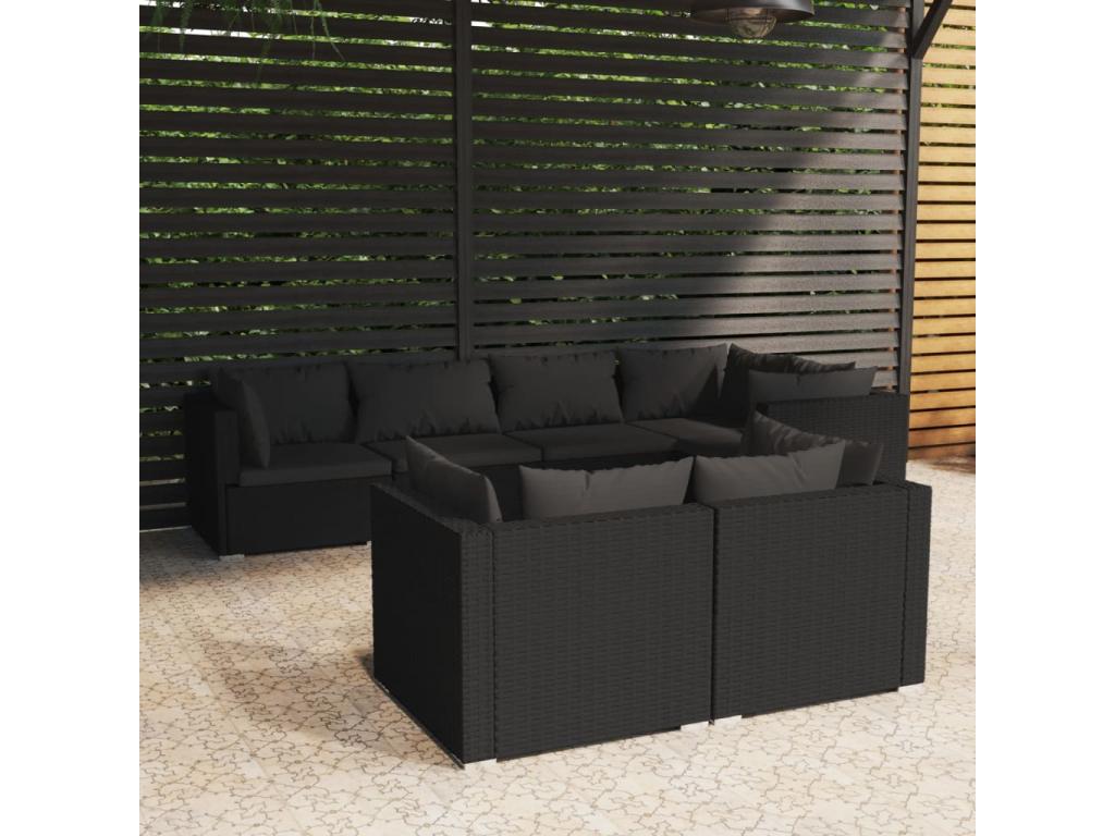 7-piece garden furniture set with cushions, black woven resin