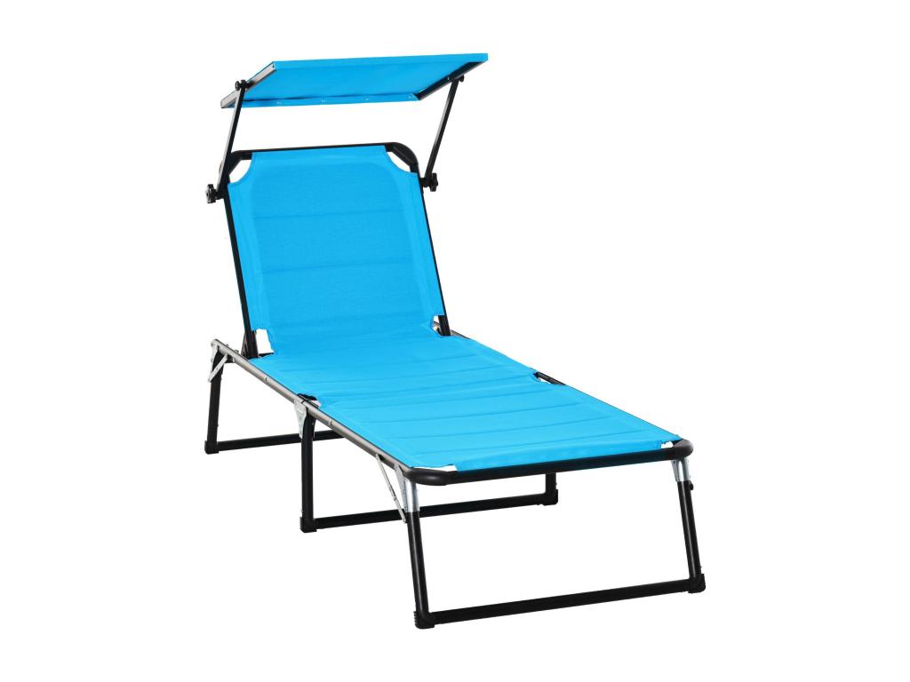 Folding sun lounger with high comfort, adjustable backrest and multi-position sunshade, aluminum and textilene, blue