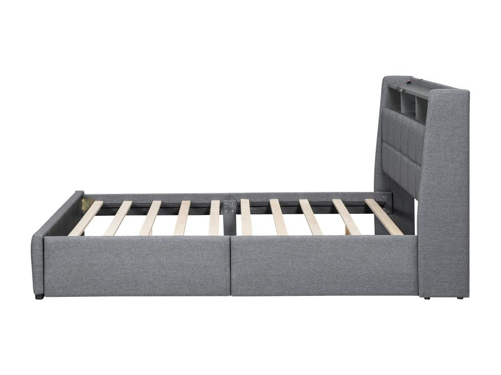 Upholstered bed 140x200 cm with headboard and 2 drawers - LEDs and USB ports - Linen fabric - Grey, without mattress 51110TINX