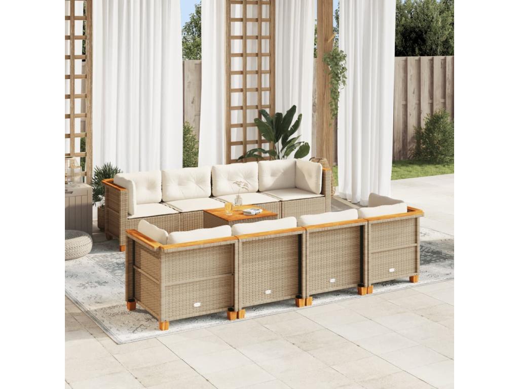 9-piece garden furniture set with cushions, beige woven resin
