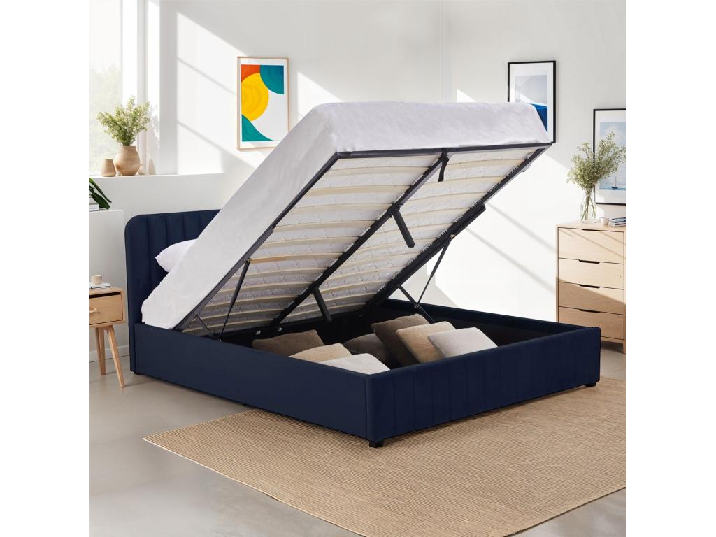Adult storage bed 160x200 cm with upholstered headboard in midnight blue velvet - Homelumiere