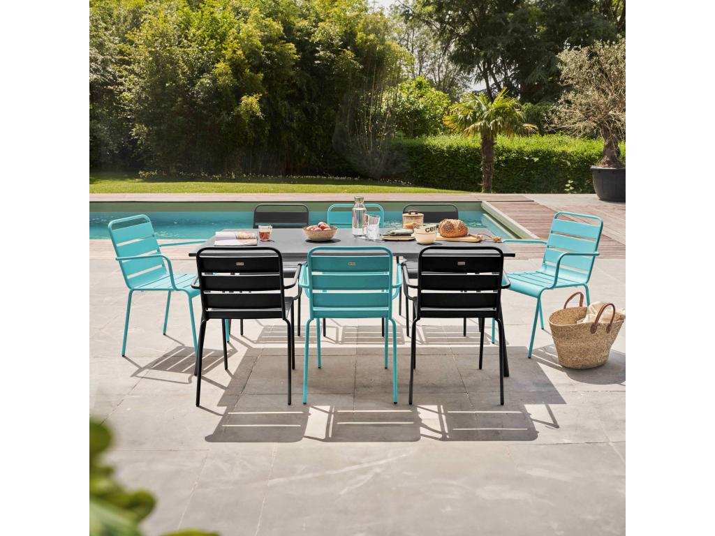 Garden table and 8 chairs in turquoise and grey metal - Delimoa 88812IFVI