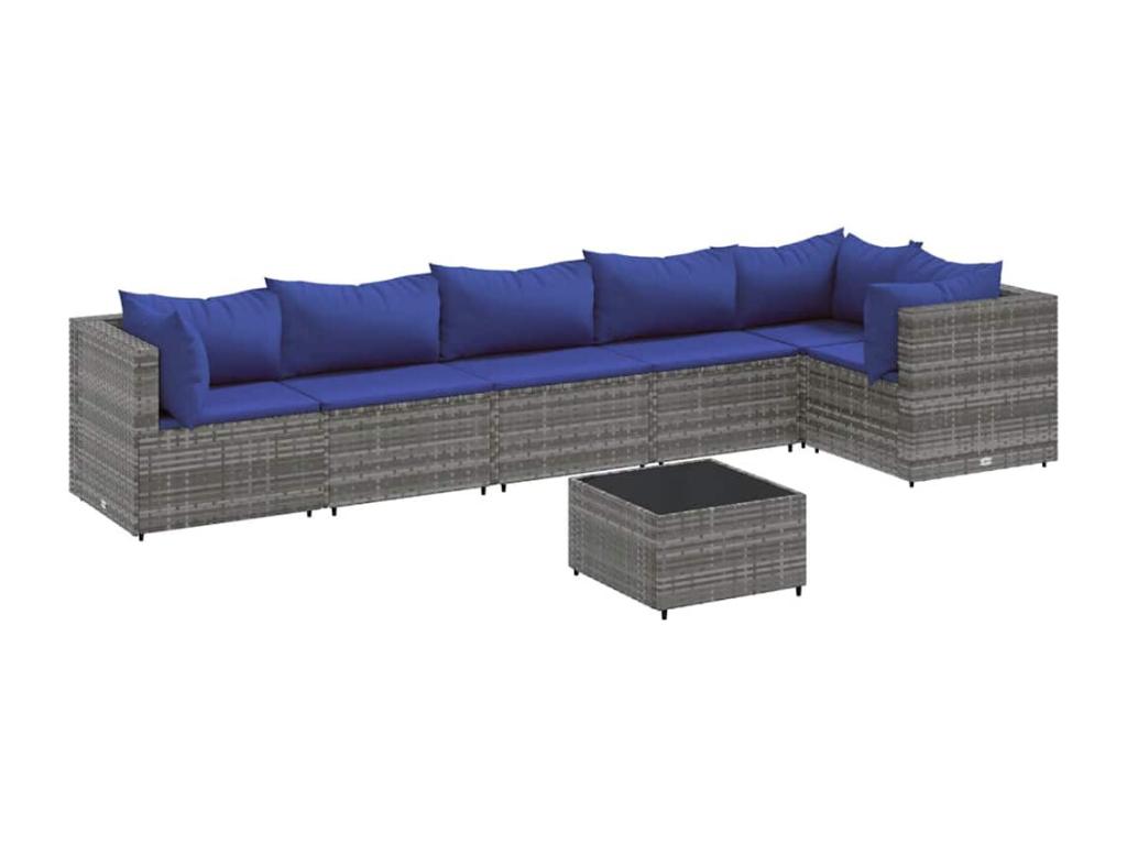 7-piece garden furniture set with cushions, grey wicker resin, 90749YQBL