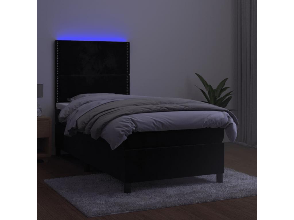 Upholstered bed base with mattress and LED lighting, black, 100x200 cm, velvet