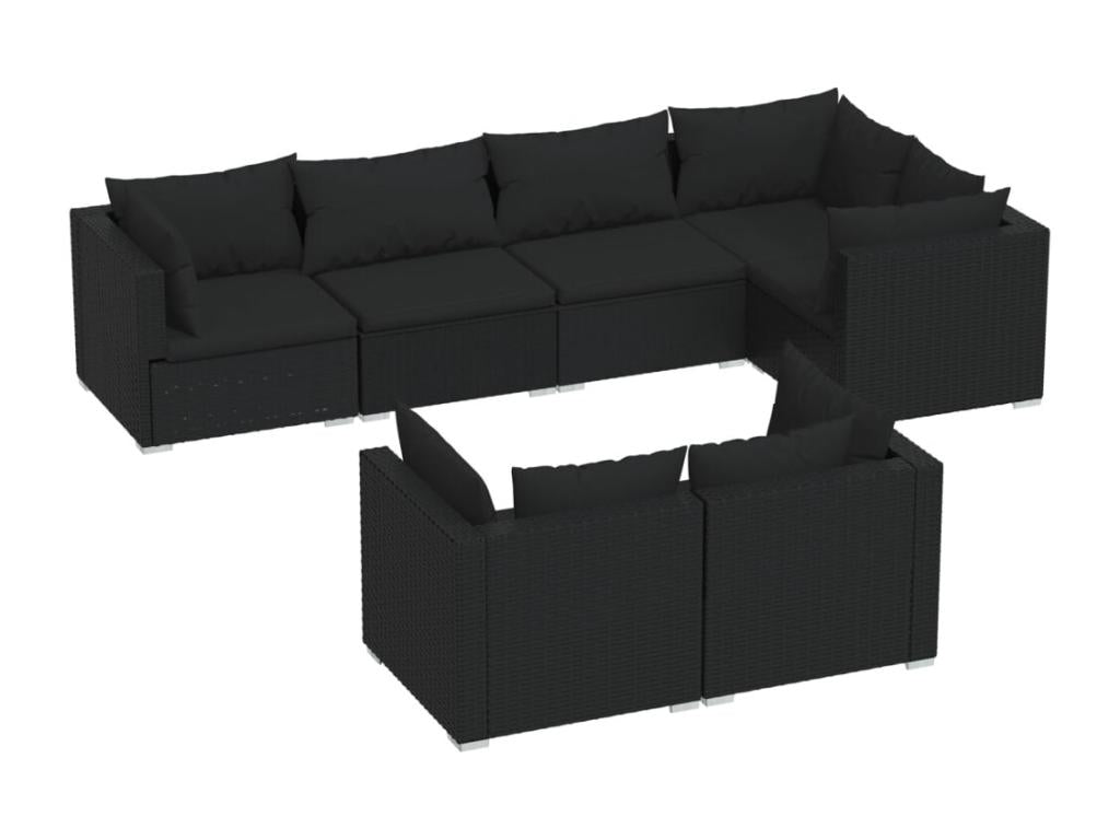7-piece garden furniture set with cushions, black woven resin
