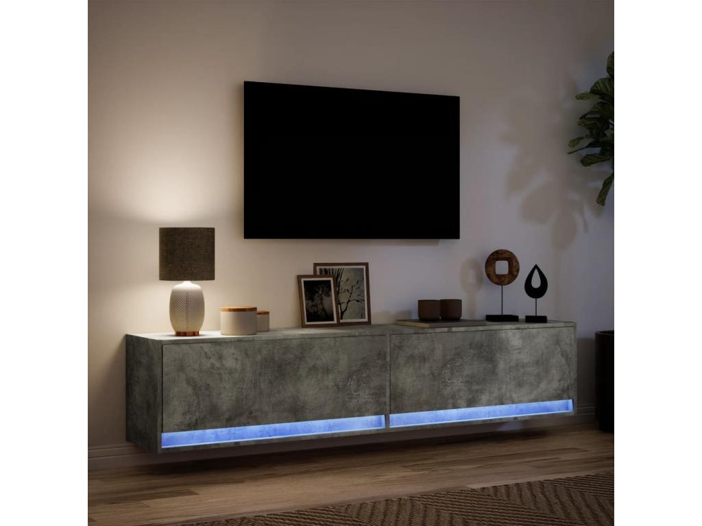 Wall-mounted TV unit with LED lighting, concrete grey, 180x31x38 cm