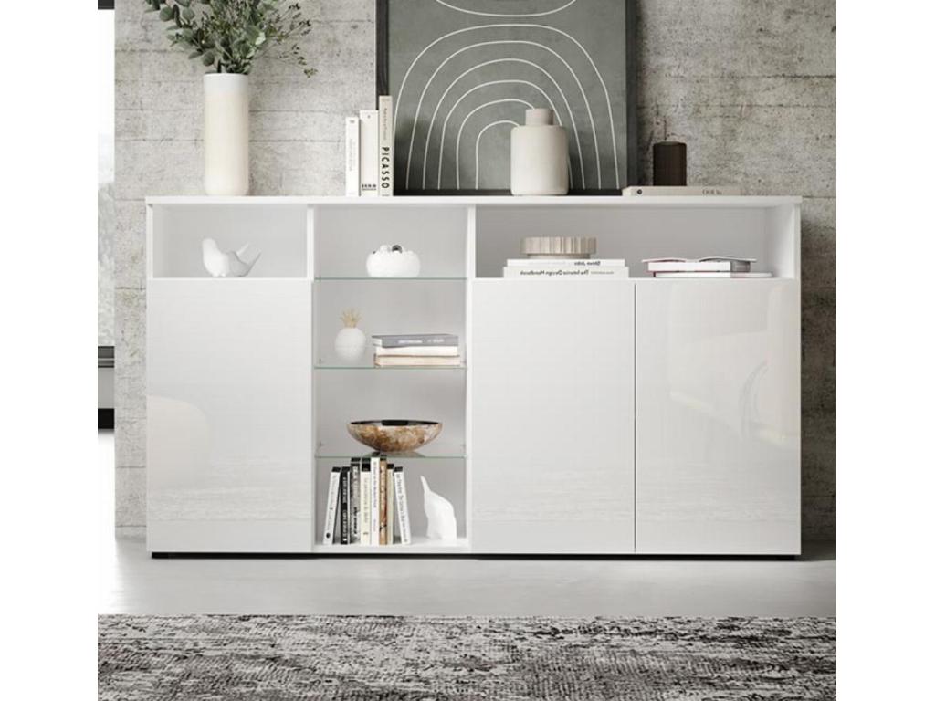 Low sideboard for living room/dining room in white with LED lighting, 150x40x82cm, Homelumiere A1