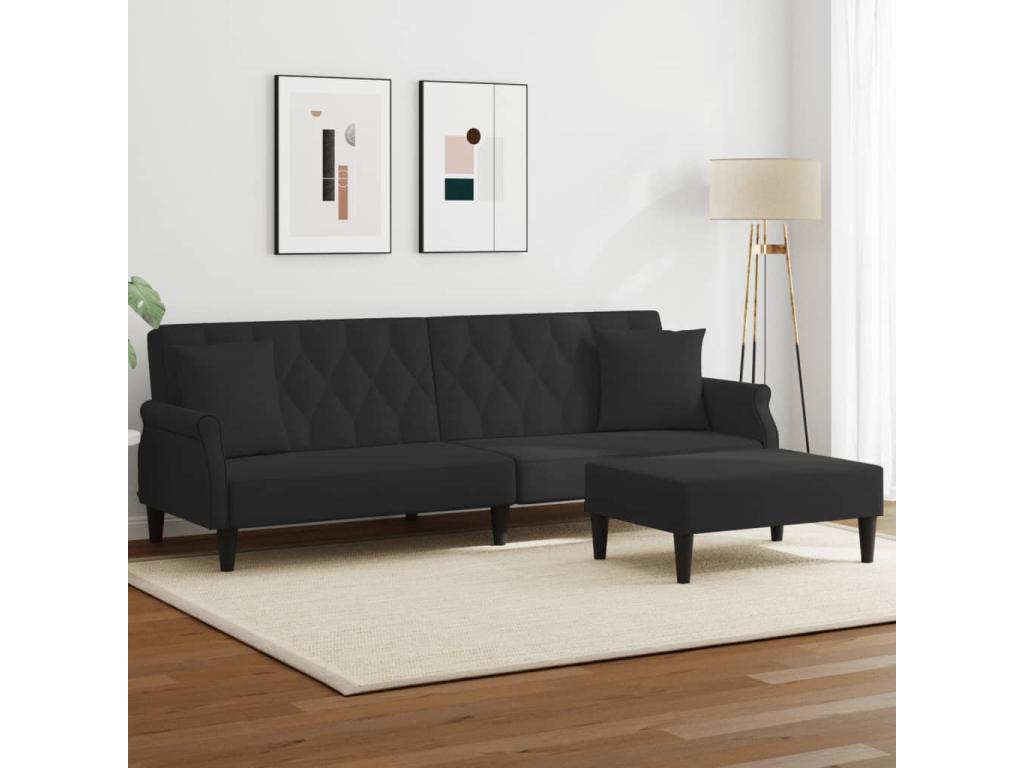 2-seater sofa bed with pillows and footstool in black velvet