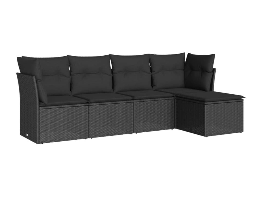 5-piece garden furniture set with cushions, black woven resin