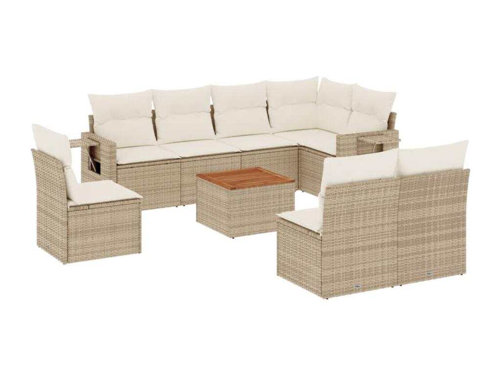 9-piece garden furniture set with cushions, beige woven resin