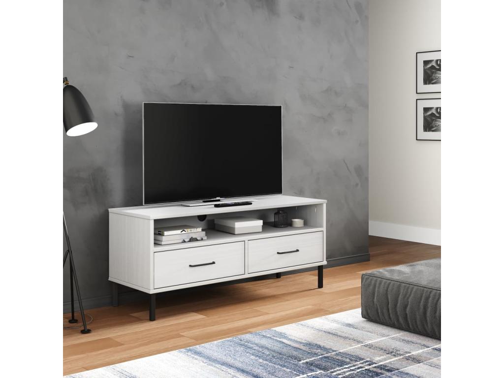 TV stand with metal legs, white, solid pine wood, Homelumiere