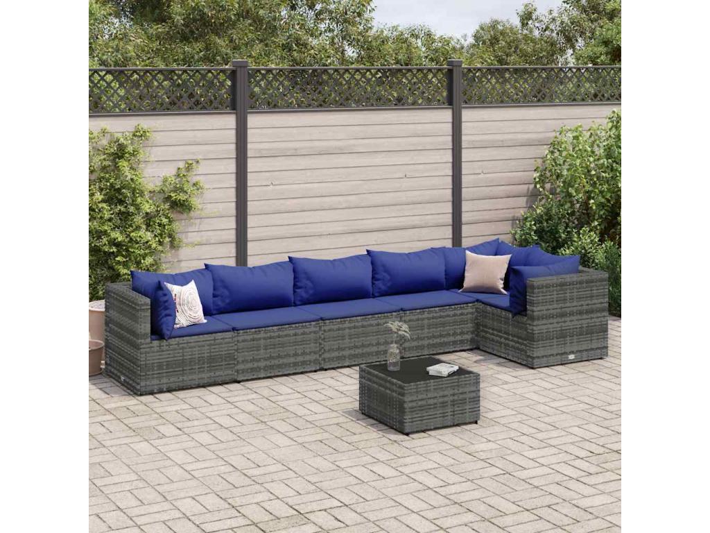 7-piece garden furniture set with cushions, grey wicker resin, 90749YQBL