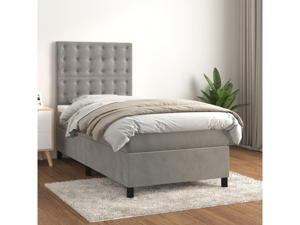 Upholstered bed base and mattress, light grey, 90x190 cm, velvet, 00113HANB