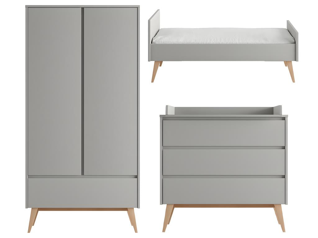 Complete bedroom set including convertible bed (70x140cm), changing table and 2-door wardrobe, Swing Grey and wood, 52962PUHK