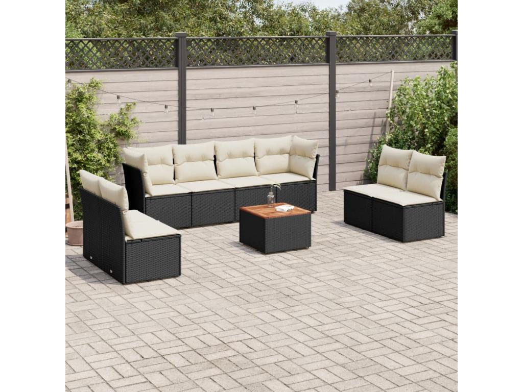 9-piece garden furniture set with cushions, black woven resin