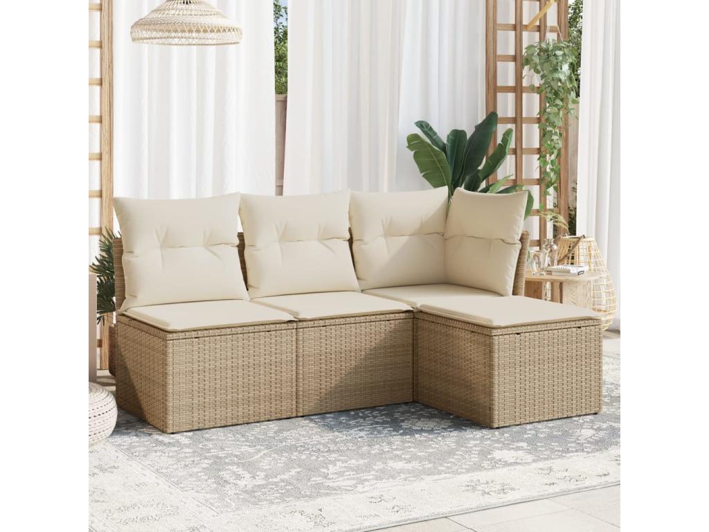Garden furniture set with cushions, 4 pieces, beige woven resin