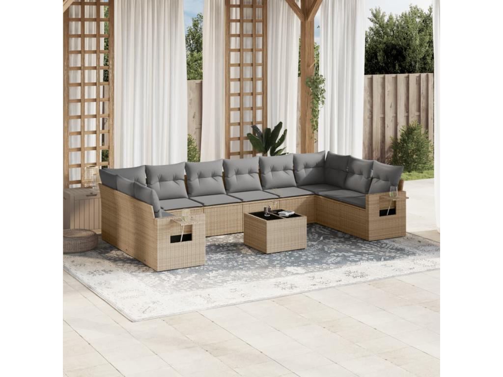 11-piece garden furniture set with beige resin wicker cushions 88529MFLX