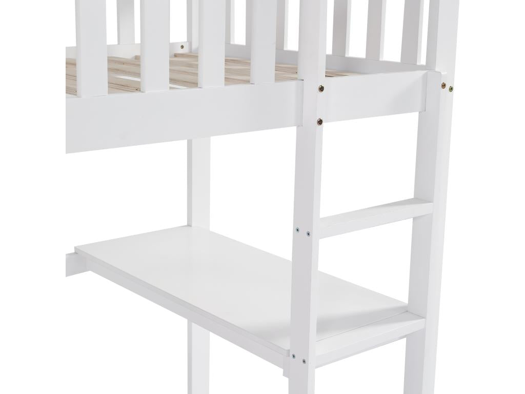 90x200cm solid wood bunk bed - with table and ladder - White