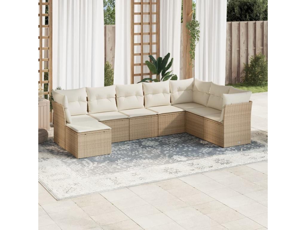 8-piece garden furniture set with cushions, beige woven resin
