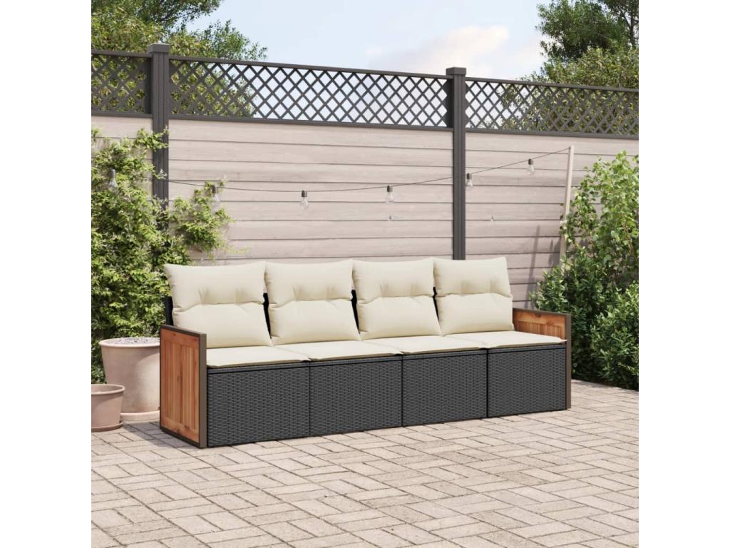4-piece garden furniture set with cushions, black woven resin