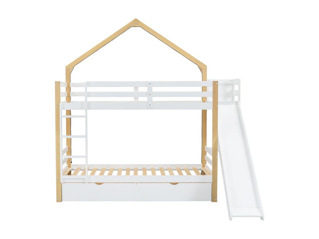 Bunk bed 90x200 cm - made of pine wood and MDF - with LED lighting, 2 drawers, ladder and slide - White