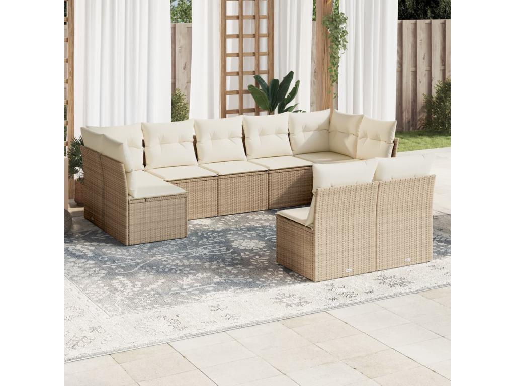 9-piece garden furniture set with cushions, beige woven resin
