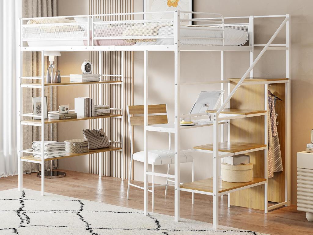 90x200cm Metal Loft Bed - with Desk/Storage Compartments - White