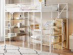 90x200cm Metal Loft Bed - with Desk/Storage Compartments - White