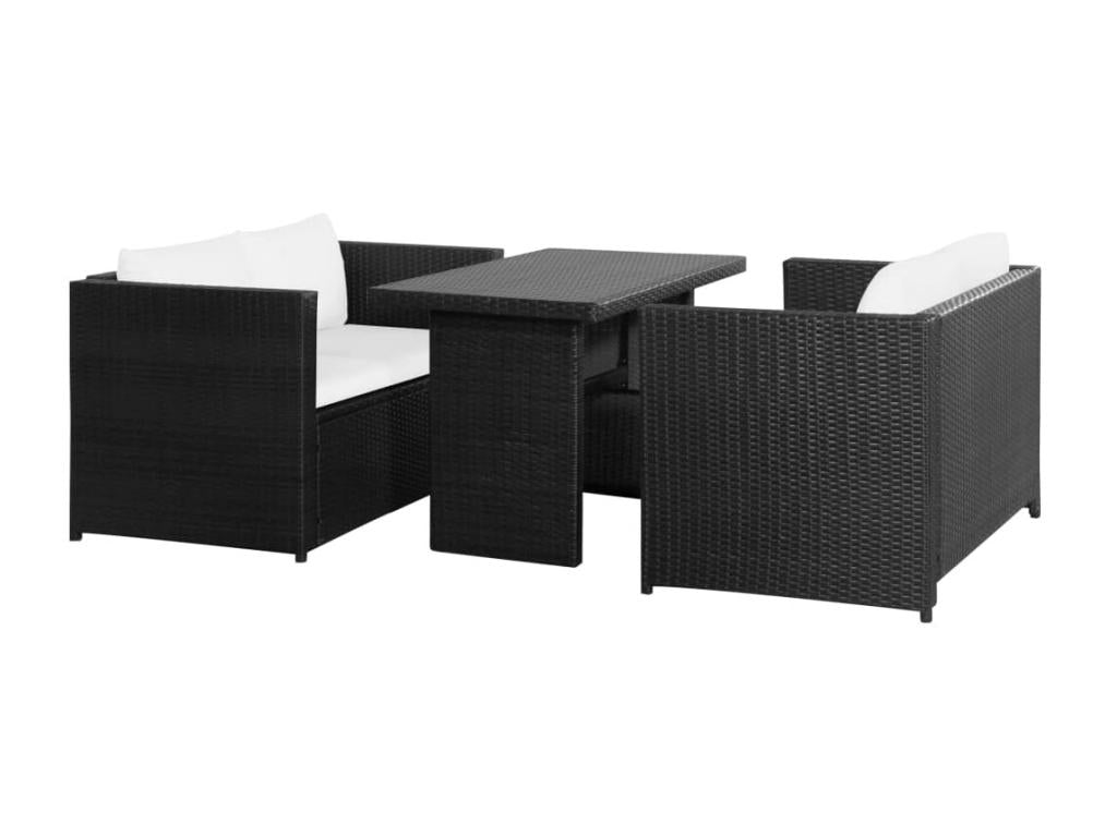 3-piece garden furniture set with cushions, black woven resin