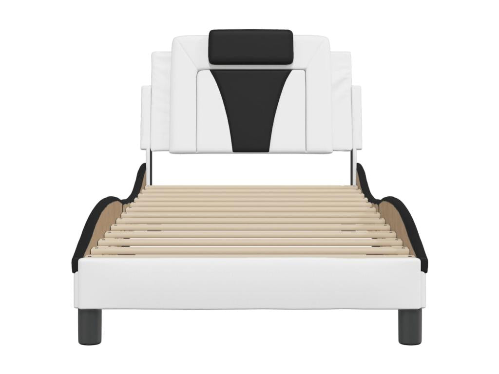 Bed frame with black and white headboard, 90x200cm, faux leather