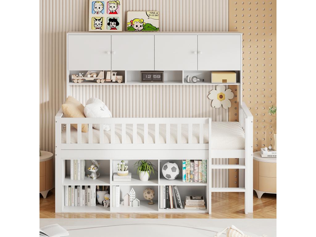 Children's bed, single bed 90x200 cm, wooden, with storage compartments and safety ladder, white