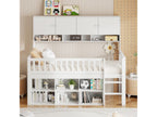 Children's bed, single bed 90x200 cm, wooden, with storage compartments and safety ladder, white