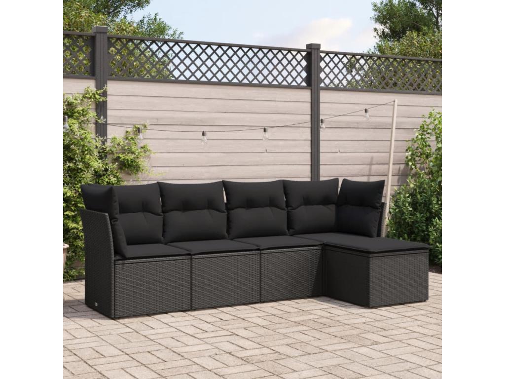 5-piece garden furniture set with cushions, black woven resin