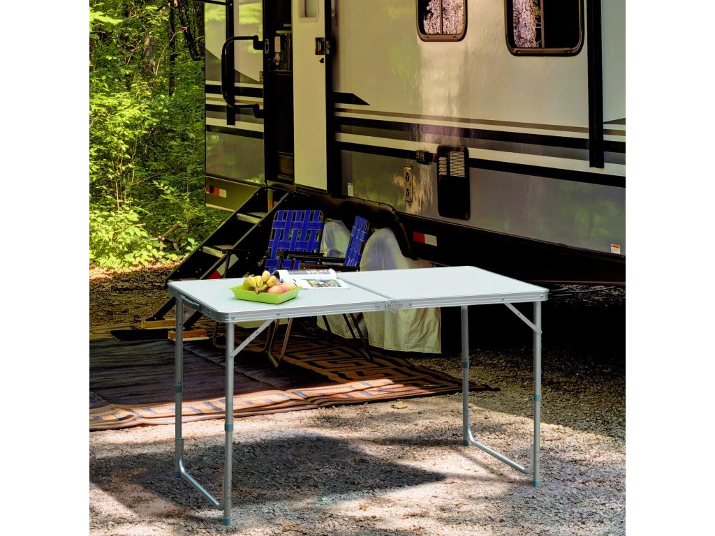 Portable folding camping table for picnics and buffets, made of aluminum