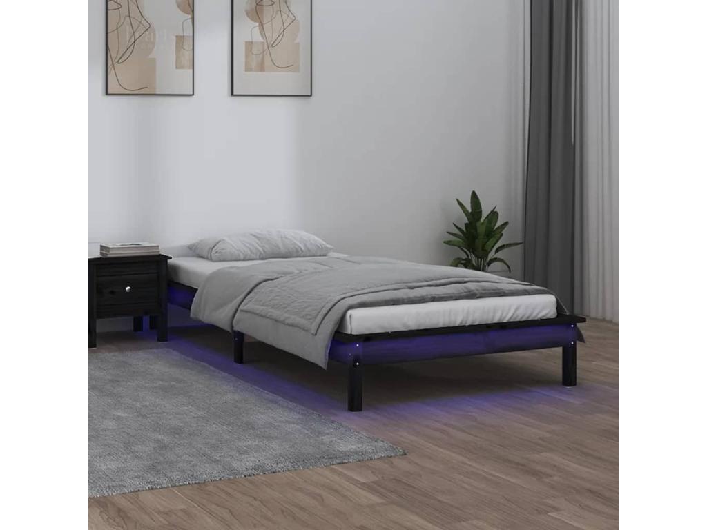 Black LED bed frame 90x190 cm single solid wood