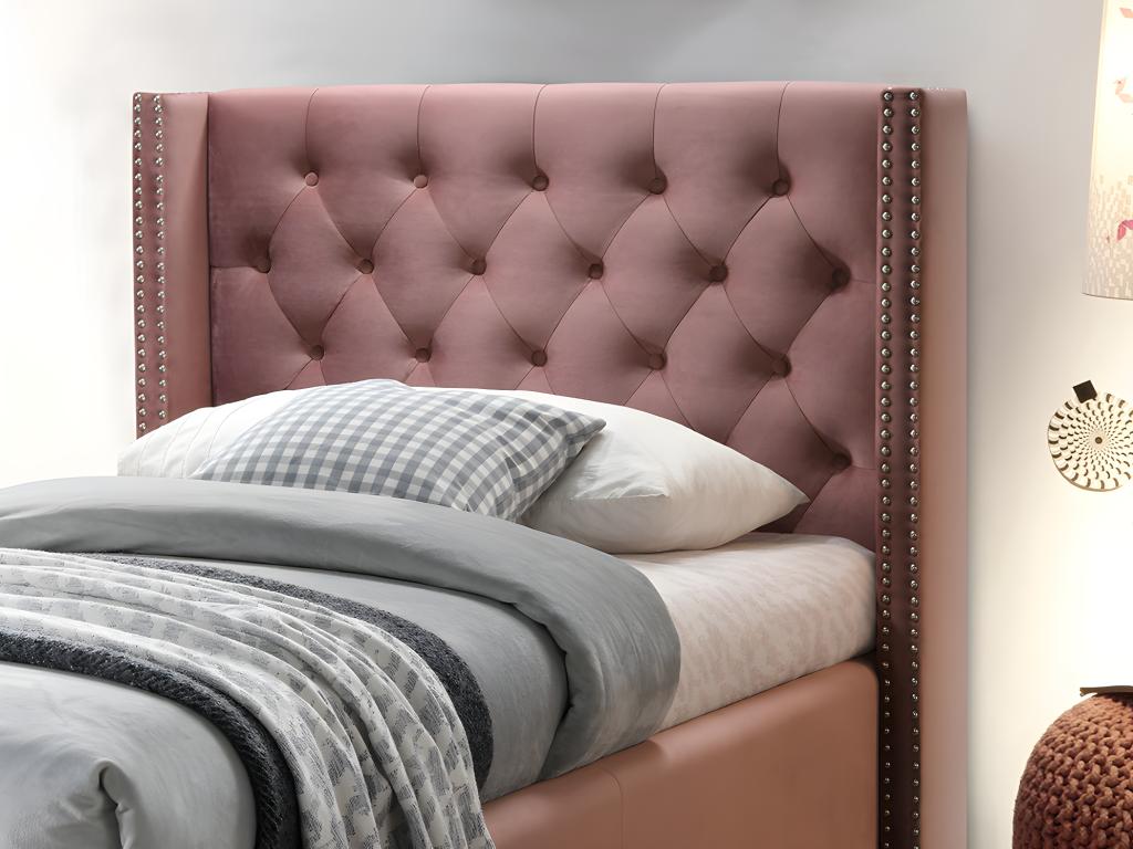 Bed with upholstered headboard - 90x200 cm - Pink velvet - Delimoa II 85748EUEP