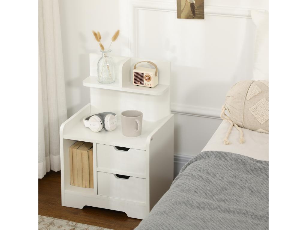 Bedside table with multi-storage, 2 drawers, niche, shelf, and white particleboard top