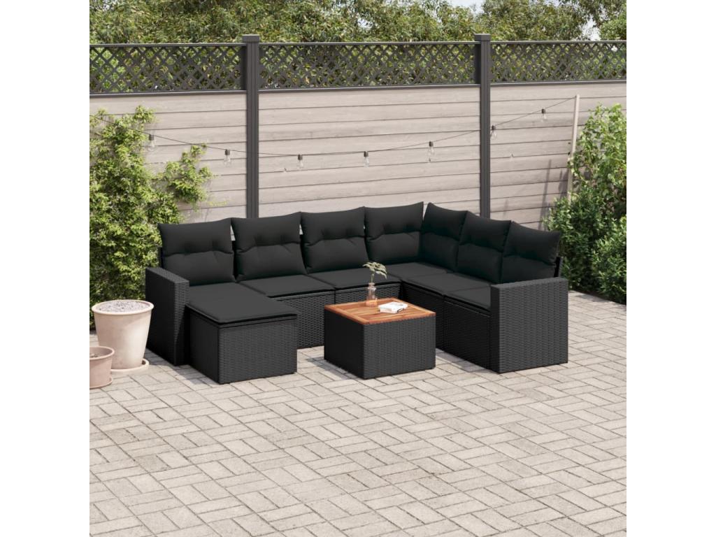 8-piece garden furniture set with cushions, black woven resin