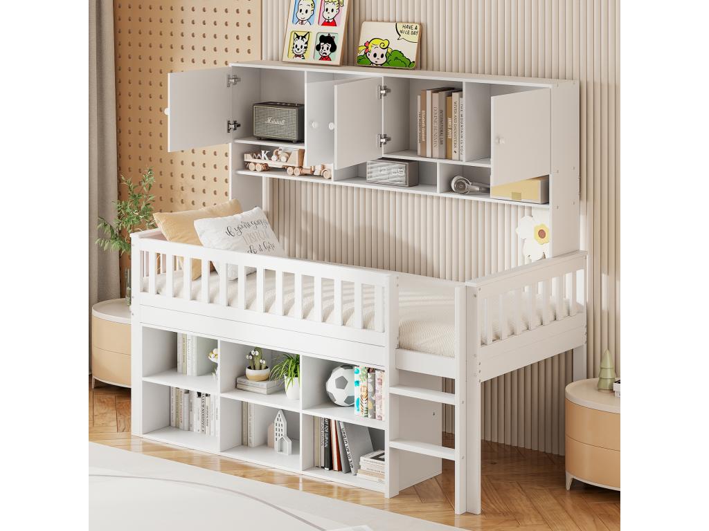 Children's bed, single bed 90x200 cm, wooden, with storage compartments and safety ladder, white