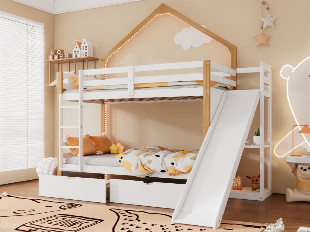 Bunk bed 90x200 cm - made of pine wood and MDF - with LED lighting, 2 drawers, ladder and slide - White