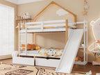 Bunk bed 90x200 cm - made of pine wood and MDF - with LED lighting, 2 drawers, ladder and slide - White