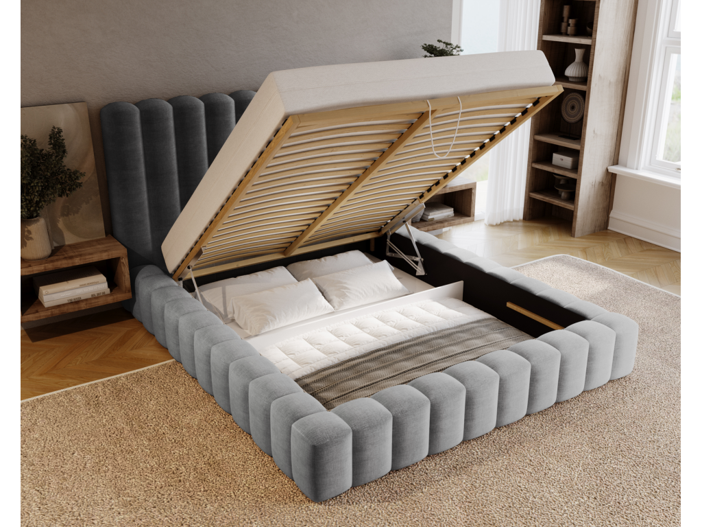 Delimoa Double Bed 160x200 Delimoa - Upholstered Bed with Storage Frame Light Grey Ikoo 19 86661BFXG